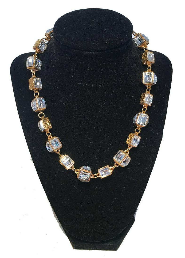Chanel Gold Crystal Square Beaded Choker Necklace: STUNNING Chanel gold crystal square beaded choker in excellent condition. Square beads featuring clear crystals on various sides in 2 different sizes. Smaller size is about 3/8" wide and has crystals 