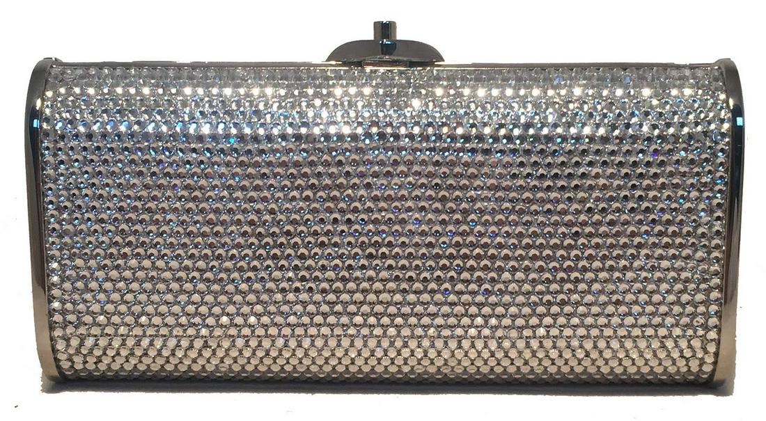 Judith Leiber Silver Clear Swarovski Crystal Minaudiere: Judith Leiber Silver Clear Swarovski Crystal Minaudiere Evening Bag Clutch in excellent condition. Silver body, clear crystal exterior. Top button closure opens to a silver leather interior with a hid