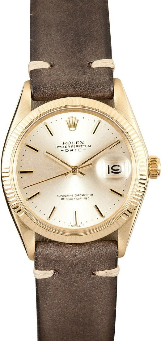 Pre-owned Rolex Date: Model/Style-Date 1503 Features-Automatic movement w/ date, waterproof screw-down crown, acrylic crystal Case-14k yellow gold w/ fluted bezel (34mm) Bracelet-Complimentary Italian leather strap #9015