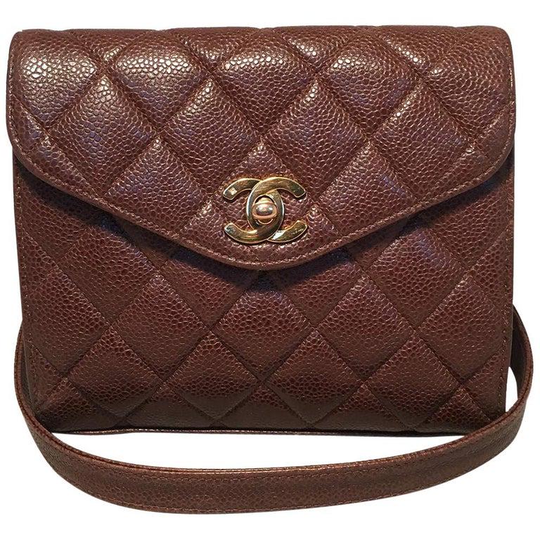Chanel Vintage Quilted Brown Caviar Leather Crossbody: Chanel Vintage Quilted Brown Caviar Leather Crossbody Shoulder Bag in excellent condition. Brown quilted caviar leather exterior trimmed with gold hardware and long shoulder strap. Back exterior side
