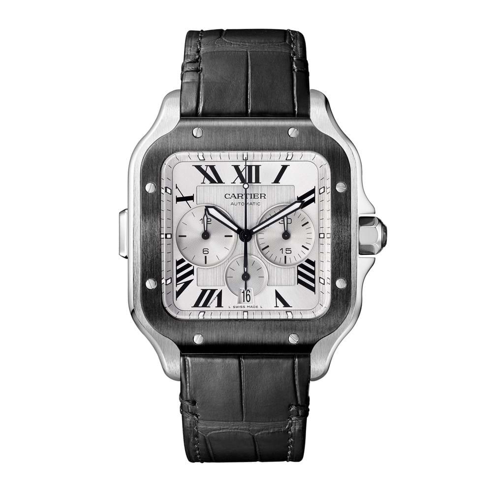 Cartier SS Santos Chrono Model #WSSA0017: Cartier SS Santos Chrono Model Number : WSSA0017 Bracelet : Rubber Dial : SILVER #J439