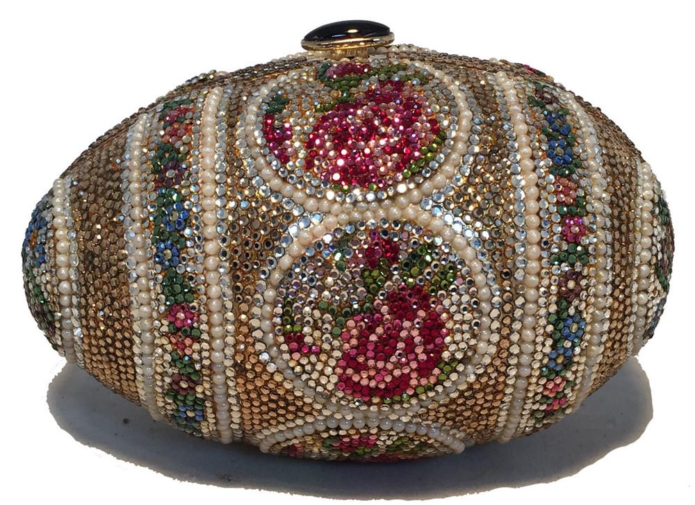 Judith Leiber Pearl Egg Swarovski Crystal Minaudiere: GORGEOUS Judith Leiber swarovski crystal egg minaudiere in excellent condition. Multicolor swarovski crystal design with delicate pearl details. Button closure opens to a gold leather interior with se