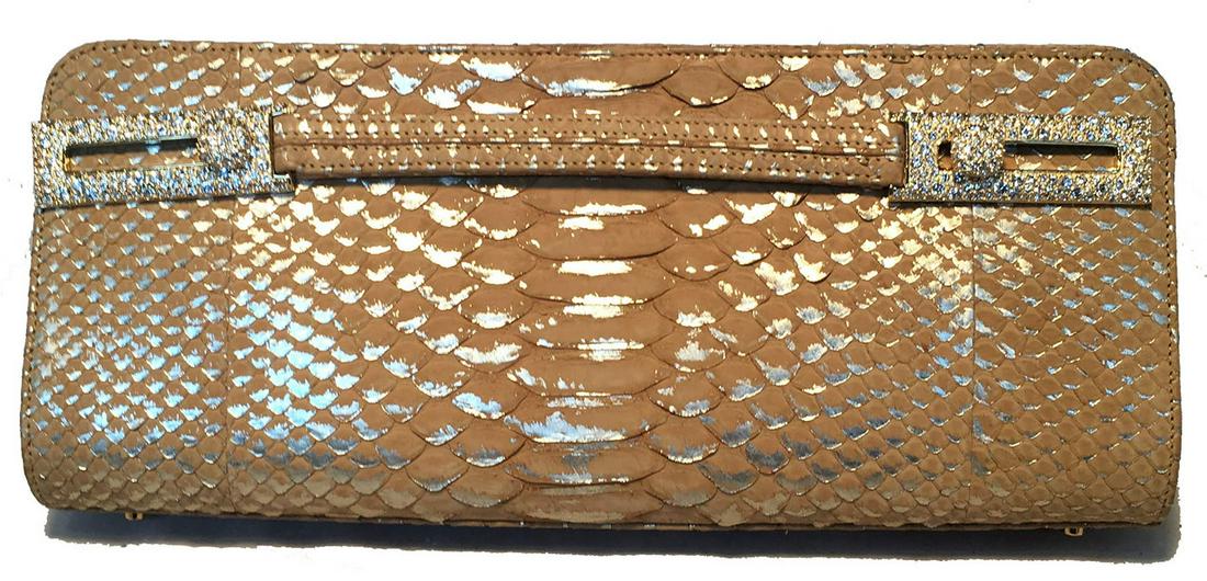 Judith Leiber Tan and Gold Faux Snakeskin Python: FABULOUS Judith Leiber Tan and Gold Faux Snakeskin Python Crystal Buckle Clutch in excellent condition. Tan faux python snakeskin exterior with metallic gold painted skin edges throughout and a top em
