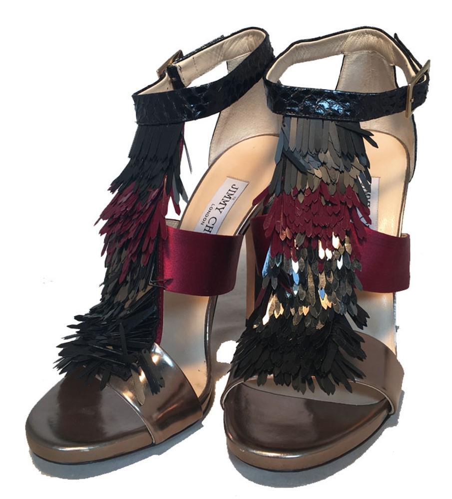 Jimmy Choo Black Purple and Gunmetal Fringe Trim Strap: BEAUTIFUL Jimmy Choo fringe trim high heels in excellent condition. Black snakeskin, purple satin, and gunmetal leather strap style body and heel with a matching black, gunmetal, and purple fringe tas