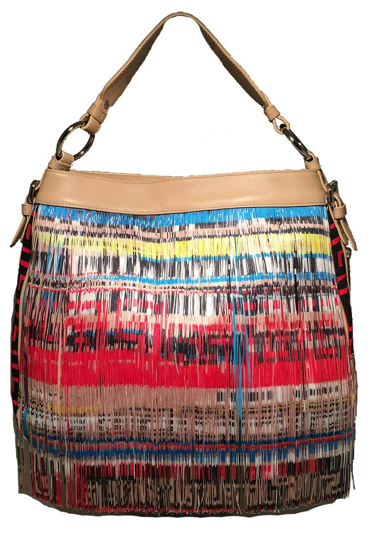 Versace Multicolor Fringe Leather and Twill Frida Hobo: Versace Multicolor Fringe Leather and Twill Frida Hobo Shoulder Bag in excellent condition. Multicolor nylon fringe over a multicolor striped print canvas body. Tan leather trim with silver hardware.