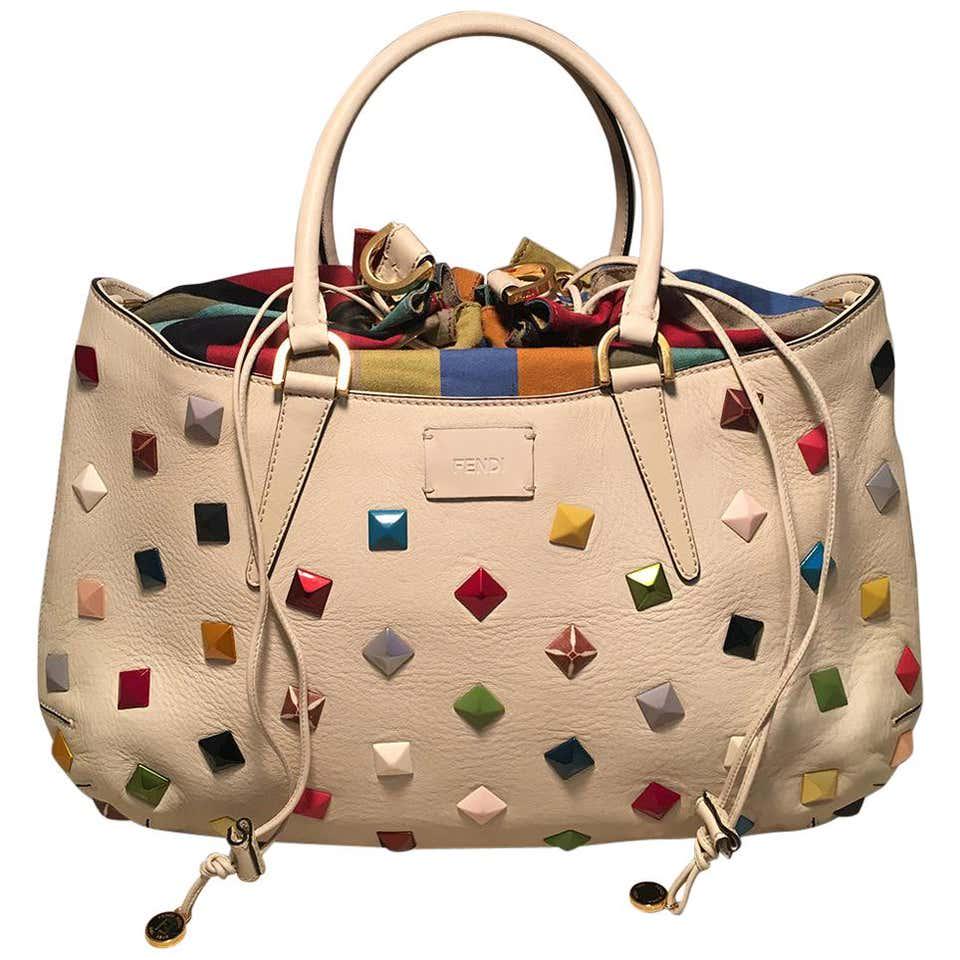 FENDI Milk Calfskin Leather Multicolor Studded Medium: FENDI Milk Calfskin Leather Multicolor Studded Medium B. Fab Tote Bag in excellent condition. Beige, latte leather exterior trimmed with multicolor studs throughout, matte gold hardware, and stripped 