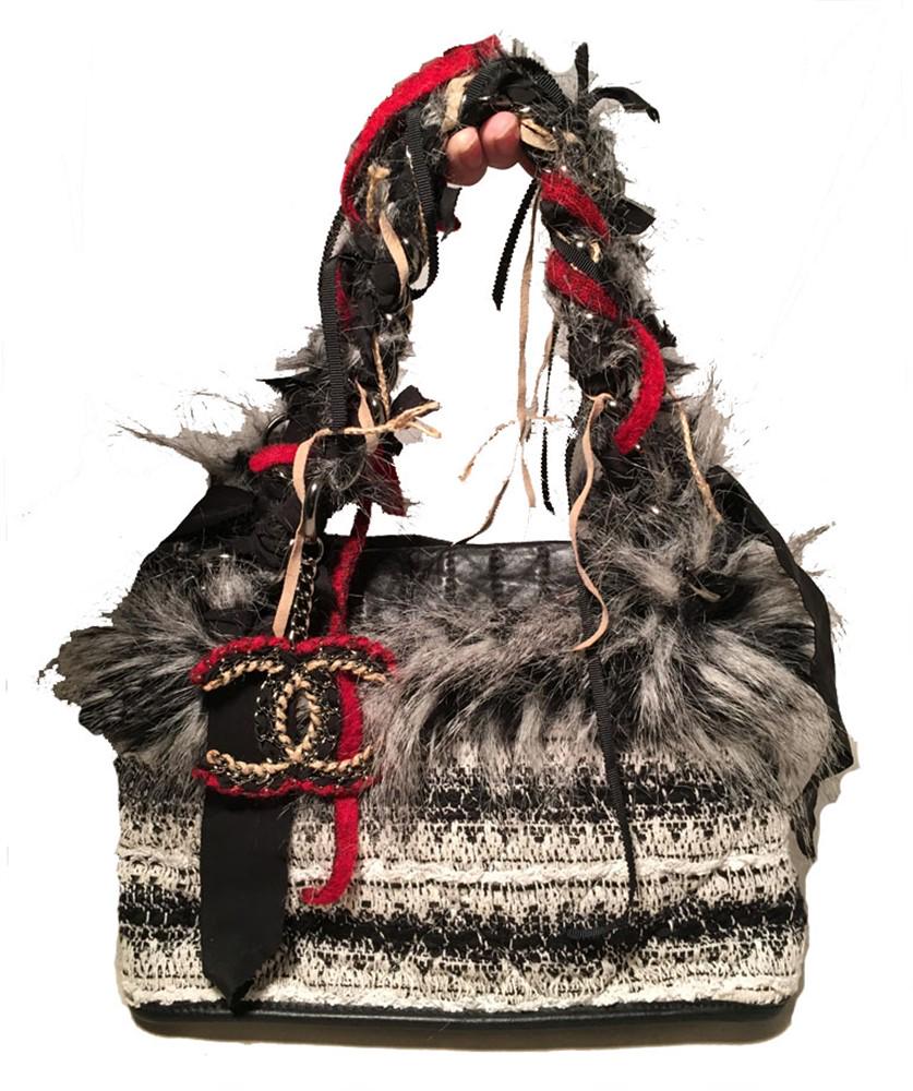 Chanel Grey Black and White Tweed Fur and Ribbon: GORGEOUS Chanel tweed fur and ribbon handbag in excellent condition. Multi color black white grey and red exterior composed of tweed, ribbon, fur, and and leather trim. CC charm detail along front sid