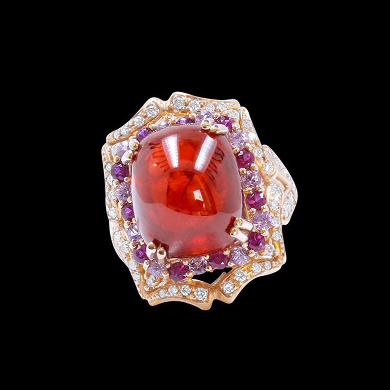 20.50CT NATURAL MALAYA GARNET 14K R/G RING: 14K R/G NATURAL MALAYA GARNET RING :10.34GM/MALAYA GARNET :20.50CT/DIA :0.57CT/RUBY:0.56CT/P.SAPP:0.54CT/#GVR1371/MALAYA GARNET IS THE VERY RARE GARNET IN THE GARNET FAMILY. VERY HARD TO FIND THIS KIN