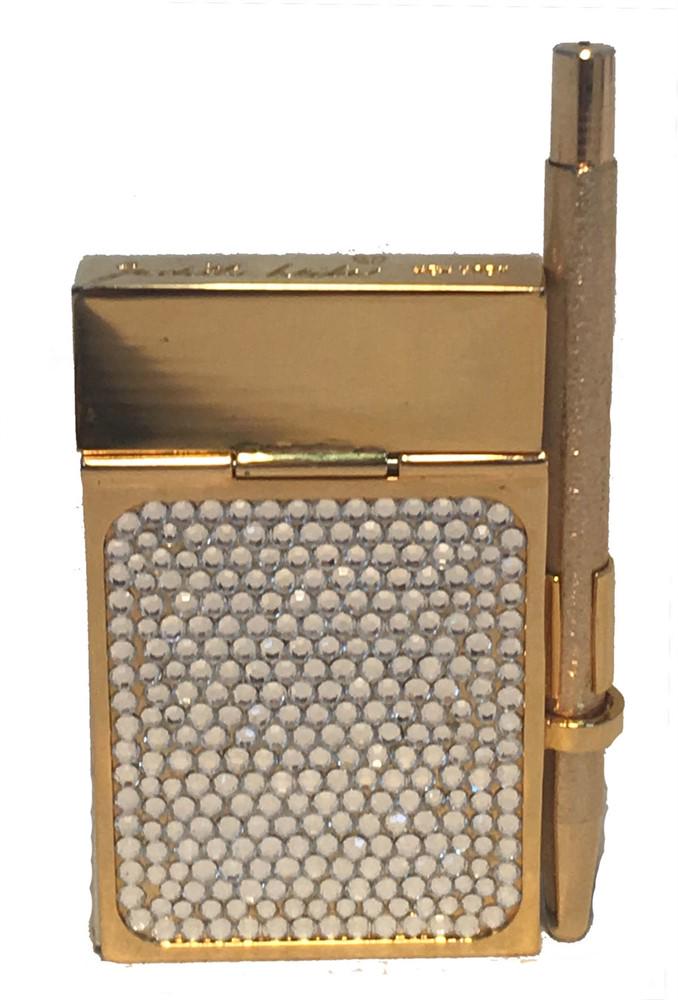 Judith Leiber Vintage Gold and Swarovski Crystal Mini: RARE & AMAZING Mini Judith Leiber notepad and pen set in excellent condition. Gold notepad with clear/silver swarovski crystals along both front and back sides. Matching brushed gold twist pen. Full,