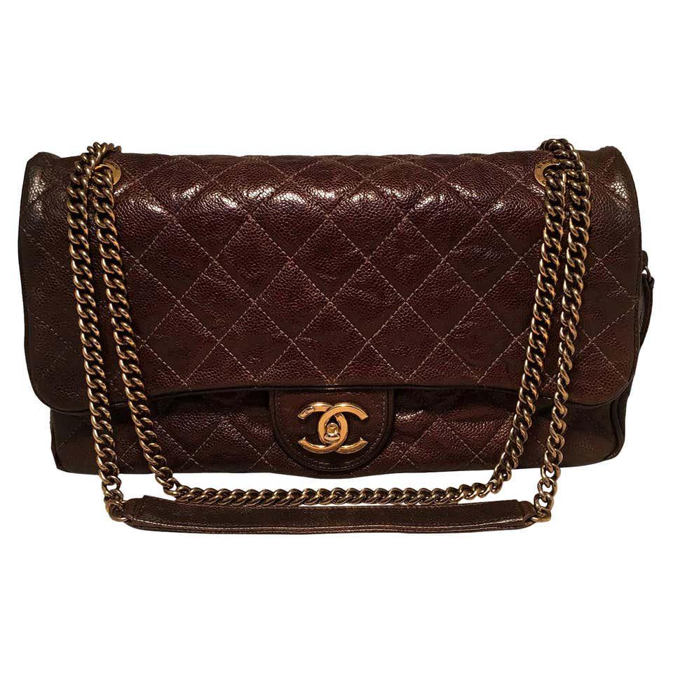 Chanel Brown Distressed Caviar Leather Quilted Classic: Chanel Brown Distressed Caviar Leather Quilted Classic Flap Shoulder Bag in excellent condition. Brown quilted distressed caviar leather exterior trimmed with antiqued gold hardware. Front CC logo twi