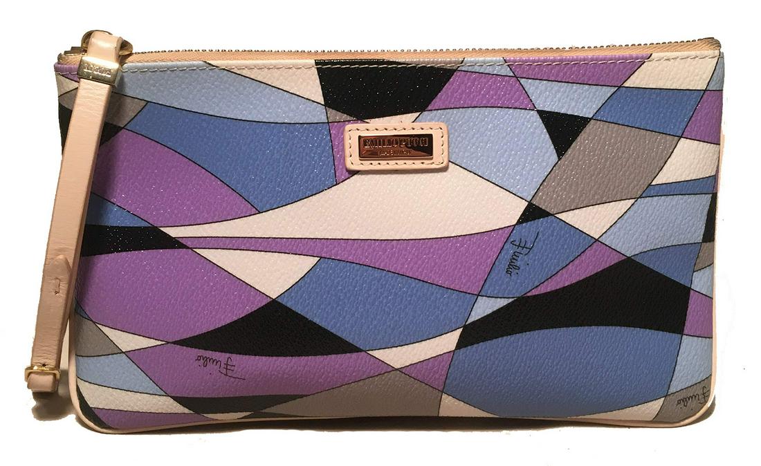 Emilio Pucci Purple Blue Black and White Print Leather: Emilio Pucci Purple Blue Black and White Print Leather Wristlet Pouch Clutch in excellent condition. Signature Pucci style multicolo psychedelic printed leather in Purple, Blues, black and white trimm