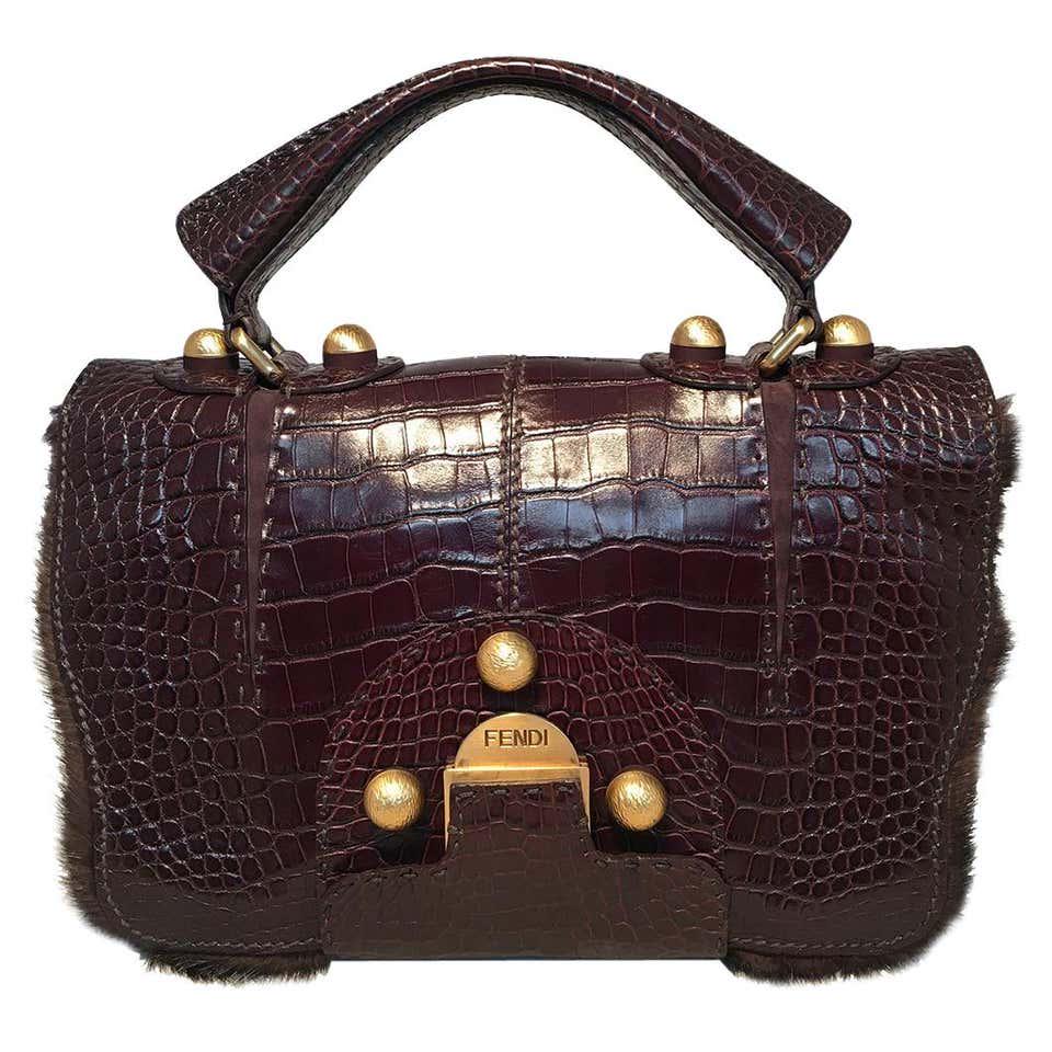Rare Limited Edition Fendi Brown Alligator and Mink Fur: Rare Limited Edition Fendi Brown Alligator and Fur Satchel Handbag in excellent condition. Brown alligator leather exterior trimmed with brown mink fur and brushed gold hardware. Front latch flap clos