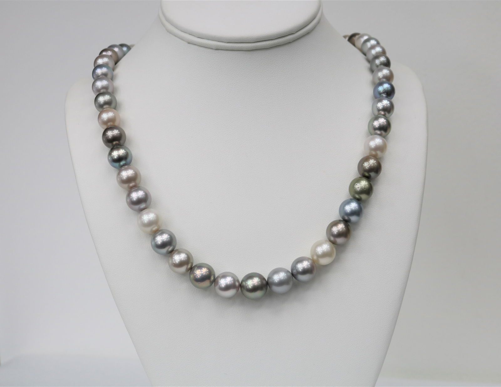 10-12mm Tahitian Multi Color Necklace with Gold Clasp: Tahitian Pastel-Silver-Grey Multi Color Necklace, 18 inches hand knotted with gold fishhook clasp #CP36