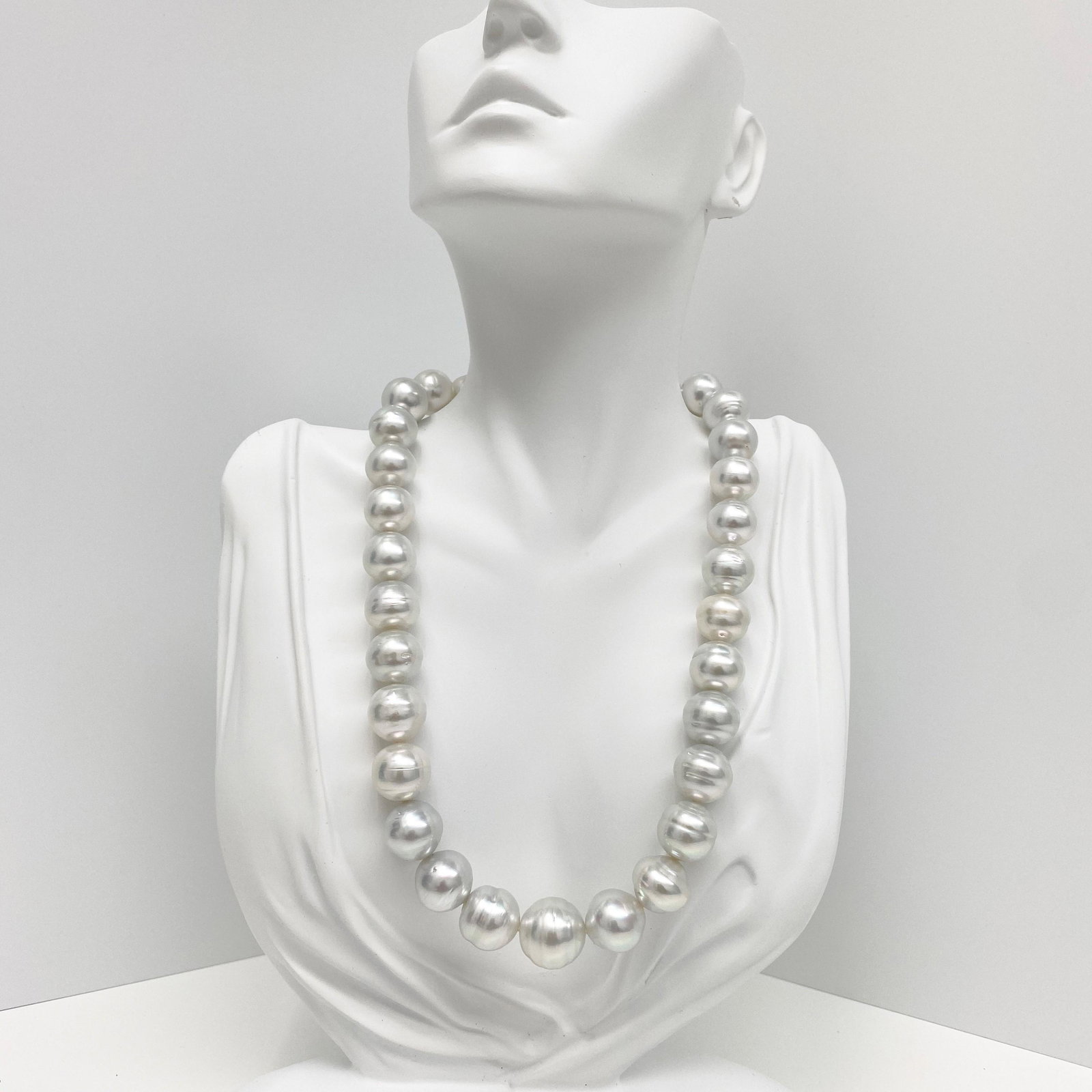 13-16mm White South Sea Circled Button/Baroque Pearl: AAA Luster, Bluish White South Sea Circled-Button/Baroque Pearl Necklace, 18 inches hand-knotted with gold fish-hook clasp #CP7