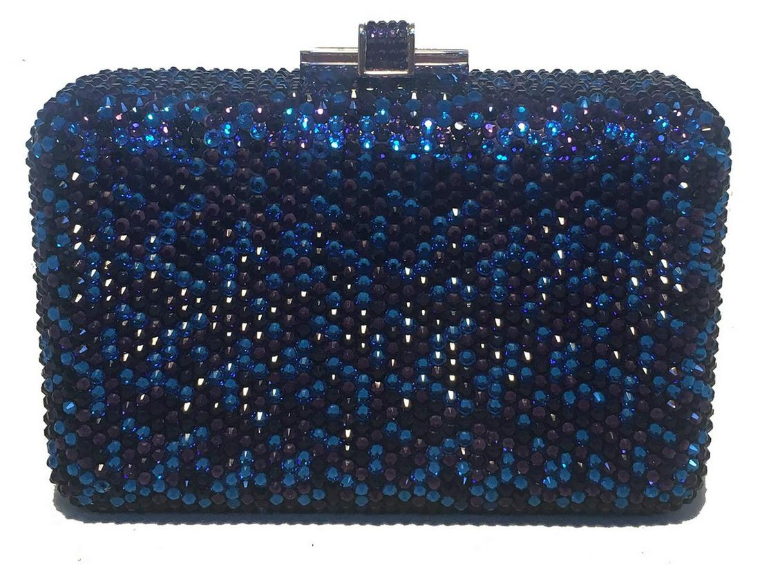 Judith Leiber Blue and Purple Swarovski Crystal: Beautiful Judith Leiber Blue and Purple Swarovski Crystal Minaudiere Evening Bag Clutch in excellent condition. Blue and purple crystal exterior trimmed with silver hardware and a top sliding latch cl