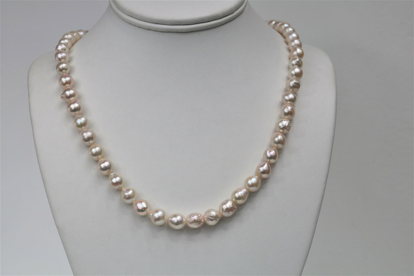8.5-9mm Japanese Akoya Baroque Necklace with Gold Clasp: AAA Quality Necklace, White Rose in Color, Pearls from Japan, 18 inches hand knotted with gold fishhook clasp #CP51