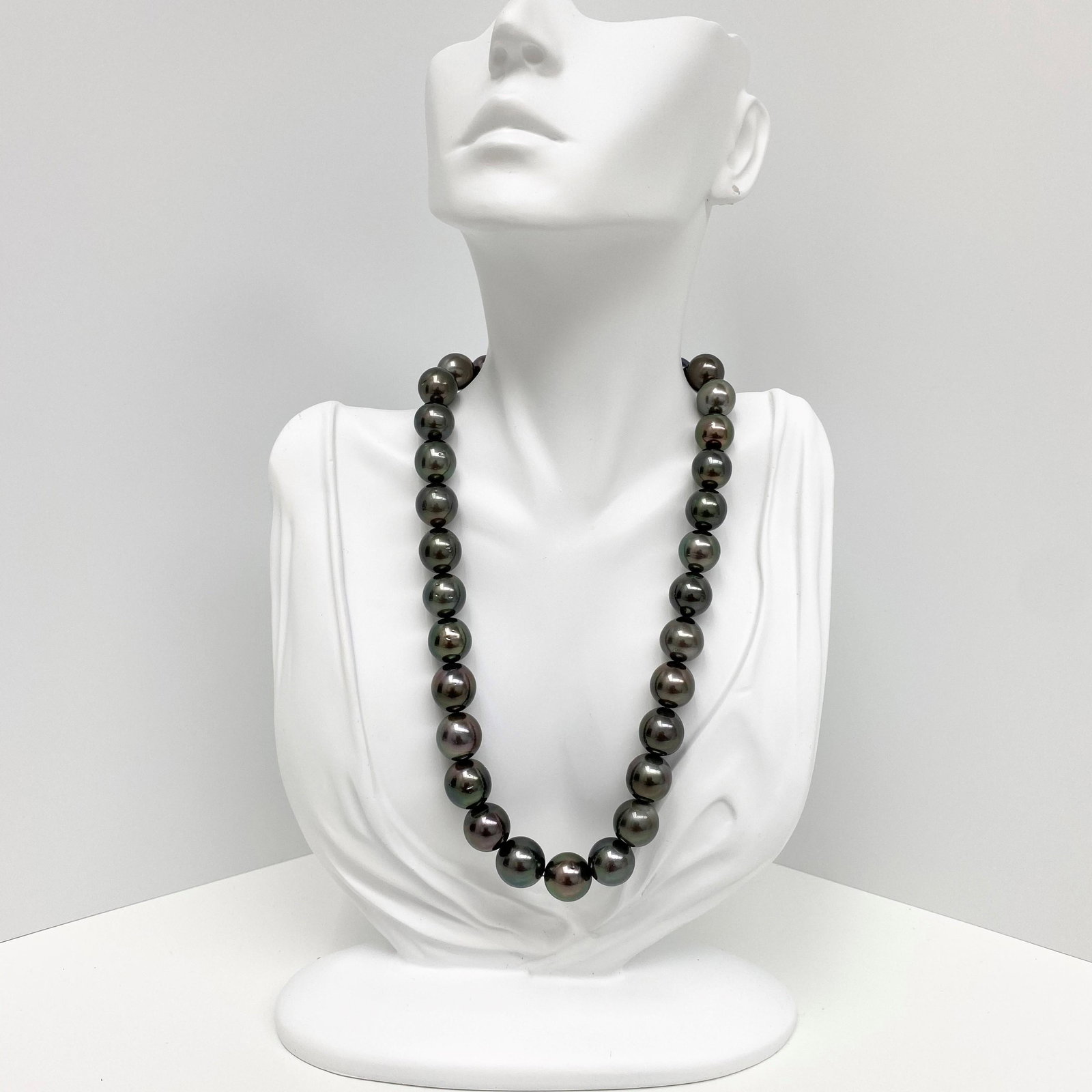 12-14mm Tahitian Dark Near-Round Pearl Necklace with: AAA Qualilty, Tahitian Dark Near-Round Pearl Necklace, 18 inches hand-knotted with gold fish-hook clasp #CP80
