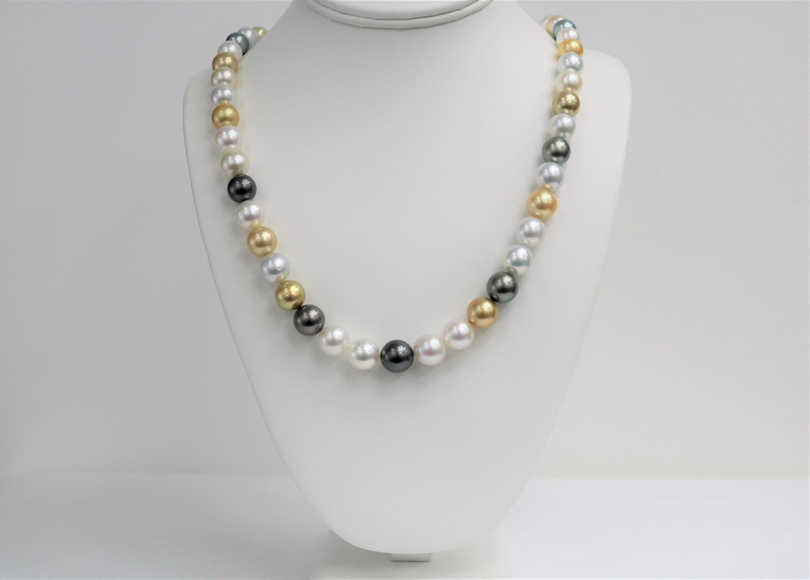 10-12mm Golden South Sea and Tahitian Multi Color Round: 10-12mm Golden South Sea and Tahitian Multi Color Round Necklace with Gold Clasp AAA Quality Pearls, AAA Luster, Round/Near Round, 18 inches hand knotted with gold fishhook clasp #CP6
