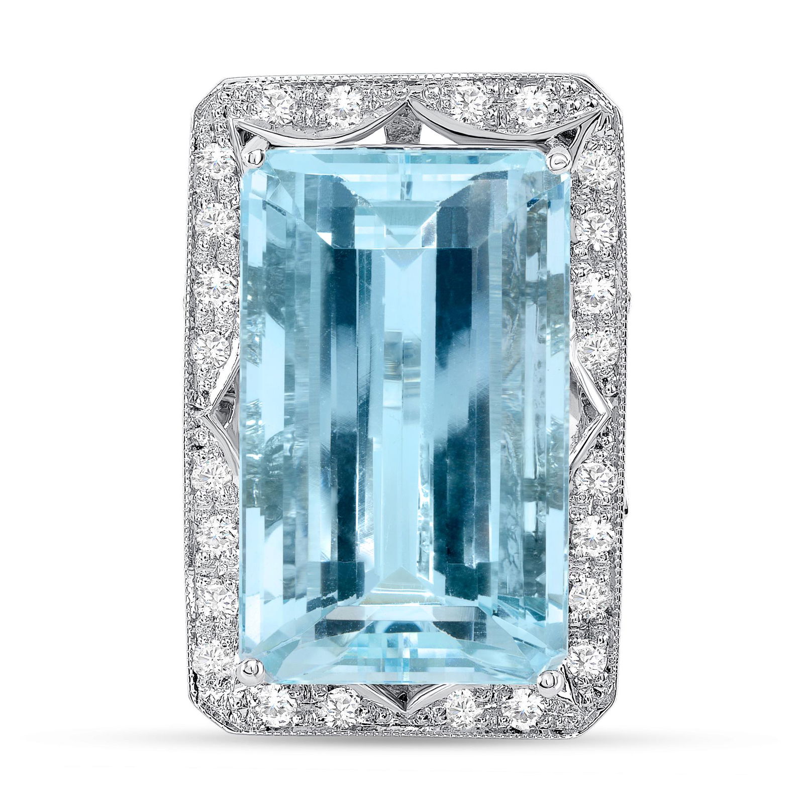 31.4ct Emerald Cut Aquamarine & Diamond Ring: 14k White Gold : 17.2gm / Aquamarine : 31.4ct / Diamond : 1.22ct / #LAq24