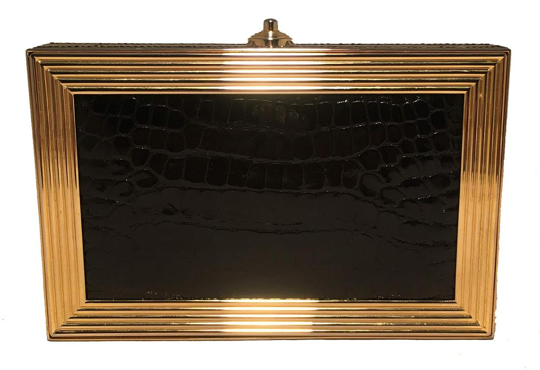 Judith Leiber Vintage Black and Gold Alligator: Judith Leiber Vintage Black and Gold Alligator Swarovski Crystal Box Clutch Minaudiere in good condition. Black alligator leather front and back with gold metal framed edges and black swarovski crysta
