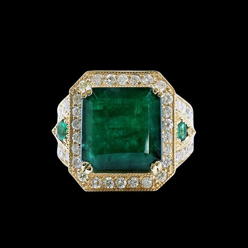 10.28CT NATURAL COLOMBIAN EMERALD 14K Y/G RING: 14K Y/G NATURAL COLOMBIAN EMERALD RING :11.71GM/DIA :1.36CT/EMERALD SMALL :0.24CT/ EMERALD: 10.28CT/#GVR1368 * Emerald is known to help one stay centered in the heart's wisdom, to give love to oneself