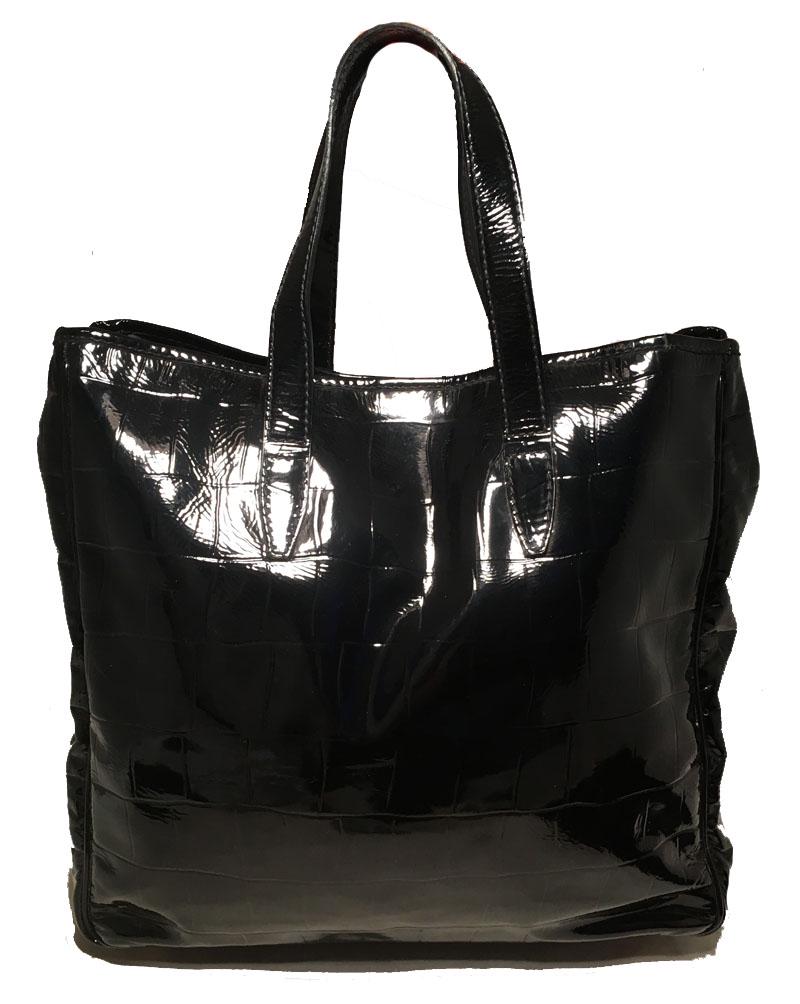 Yves Saint Laurent Black Patent Embossed Tote Bag: Gorgeous Yves Saint Laurent Black Patent Embossed Tote Bag in excellent condition. Black embossed patent leather exterior with alligator pattern. Top snap closure opens to a black satin interior that