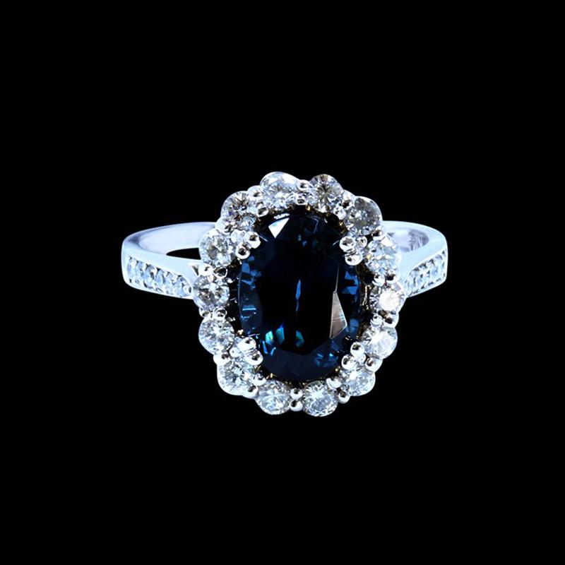 3.08CT NATURAL BURMA BLUE SPINEL 14K White GOLD RING: 14K White GOLD NATURAL BURMA BLUE SPINEL RING: 4.41GRAM /BLUE SPINEL: 3.08CT/ DIAMOND RD: 0.76CT/#GVR1267 **Warmly crafted in 14k white gold, this 3.08ct oval shape natural blue Spinel boldly cheers o