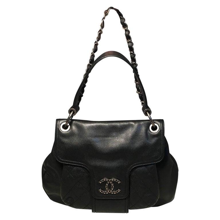 Chanel Black Leather Double Strap Shoulder Bag Tote Production Sample: Chanel Black Leather Double Strap Shoulder Bag Tote Production Sample in excellent condition. Black glazed caviar leather exterior trimmed with antiqued silver hardware. Unique double shoulder strap d