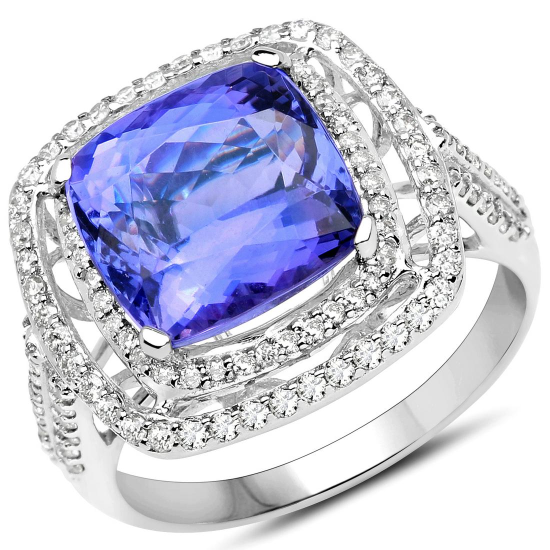 5.61ct Tanzanite 14K White Gold Ring: Metal : 14K White Gold Metal Wt : 4.09gm Tanzanite Wt : 5.61ct Diamond Wt : 0.6332ct Size #7 Item #QR21436TANWD-14KW-7