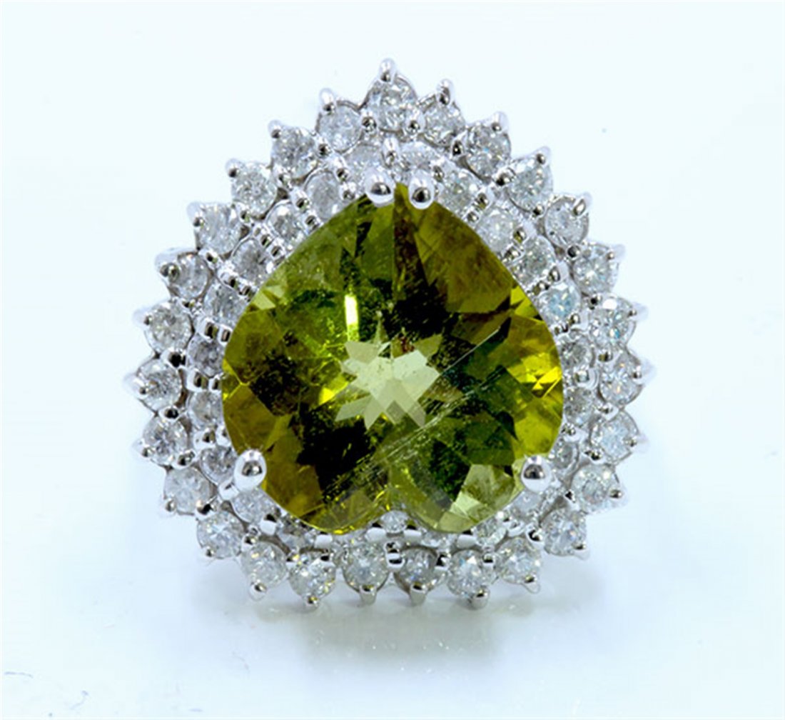 NATURAL COPPER BEARRING PARAIBA TOURMALINE 9.94CT, 14K: NATURAL COPPER BEARRING PARAIBA TOURMALINE 9.94CT, 14K W/G RING 7.04GRAM / DIAMOND 1.52CT