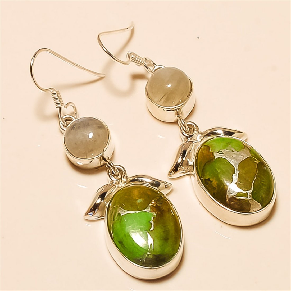 Green Copper Turquoise/Moonstone Earring Solid Sterling: Green Copper Turquoise/Moonstone Earring Solid Sterling Silver Length:2 inch Weight:10 gram #E-105