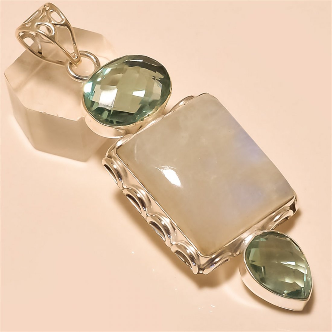 Moonstone/Aquamarine Pendant Solid Sterling Silver: Moonstone/Aquamarine Pendant Solid Sterling Silver Length:2.75 inch Weight:20 gram #P-588