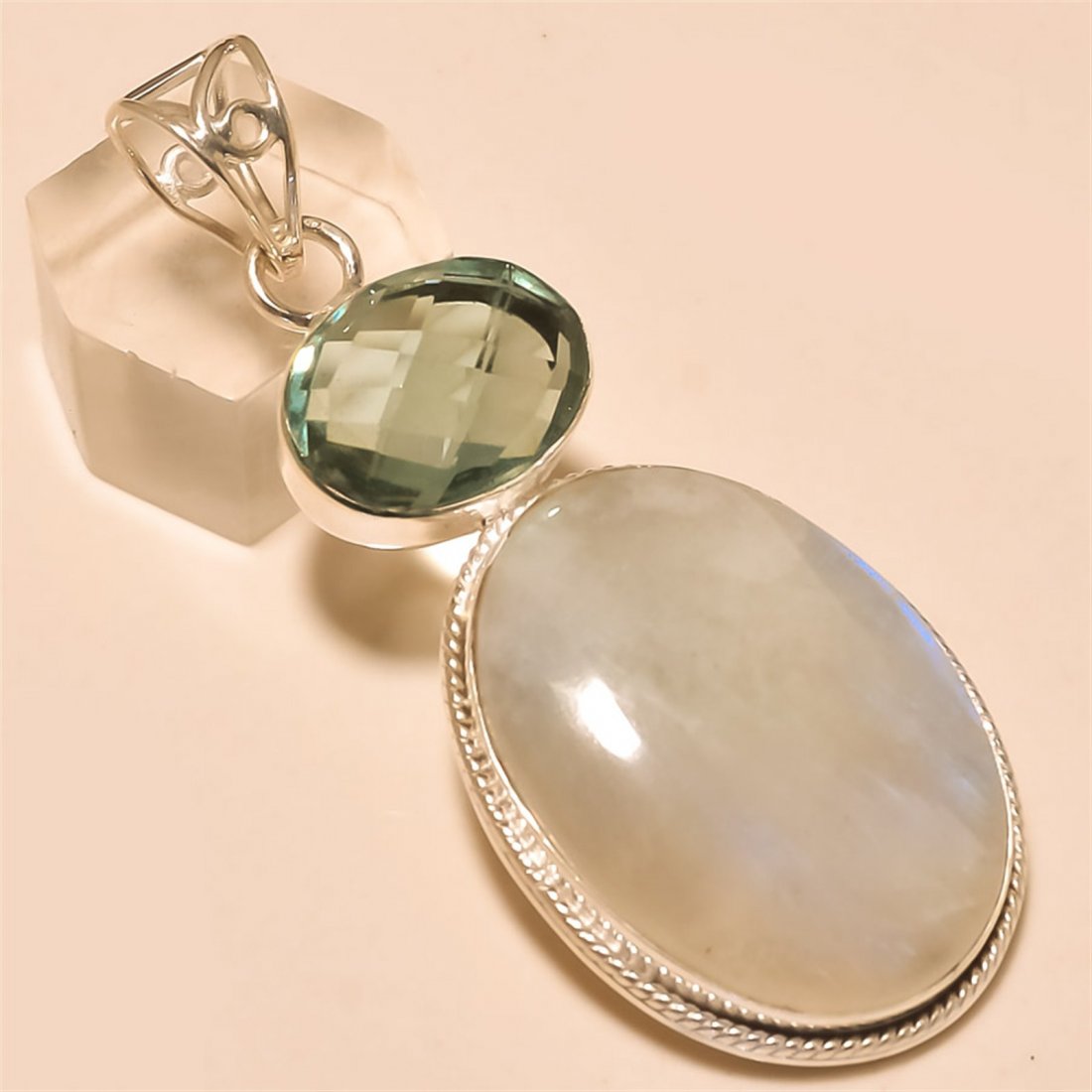 Moonstone/Aquamarine Pendant Solid Sterling Silver: Moonstone/Aquamarine Pendant Solid Sterling Silver Length:2.5 inch Weight:18 gram #P-590