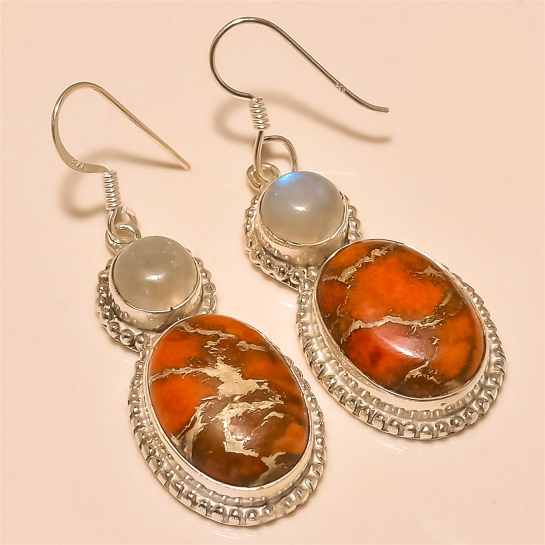 OrangeCopper Turquoise/Moonstone Earring Solid Sterling: OrangeCopper Turquoise/Moonstone Earring Solid Sterling Silver Length:2.25 inch Weight:13 gram #E-005