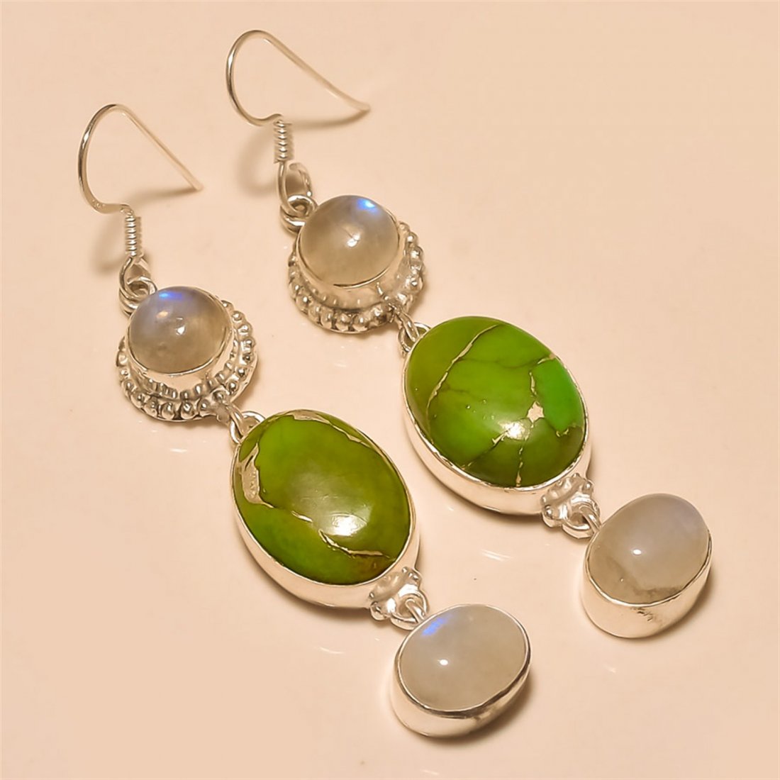 Green Copper Turquoise/Moonstone Earring Solid Sterling: Green Copper Turquoise/Moonstone Earring Solid Sterling Silver Length:2 inch Weight:15 gram #E-016