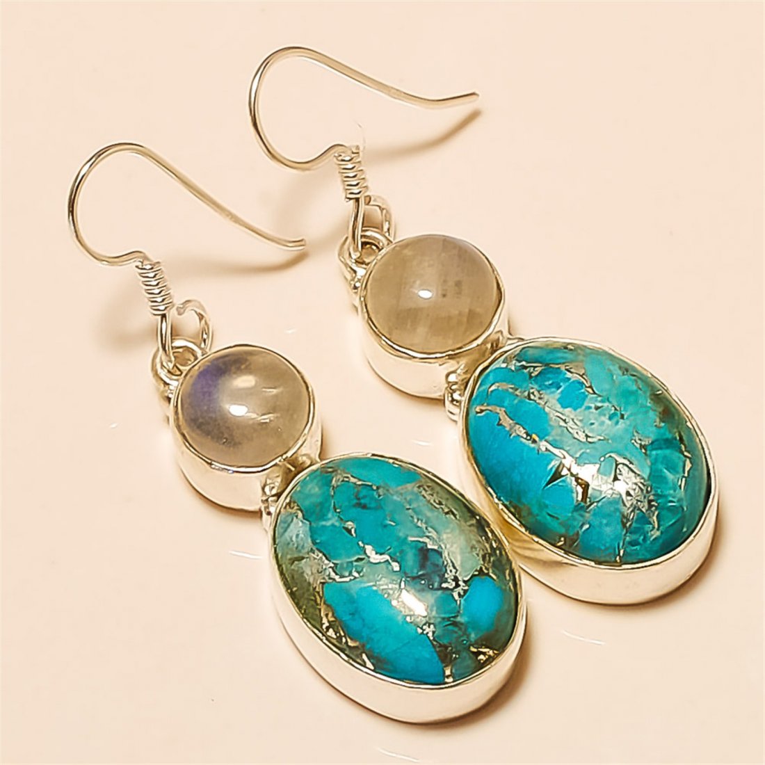 Blue Turquoise/Moonstone Earring Solid Sterling Silver: Blue Turquoise/Moonstone Earring Solid Sterling Silver Length:1.6 inch Weight:9 gram #E-106