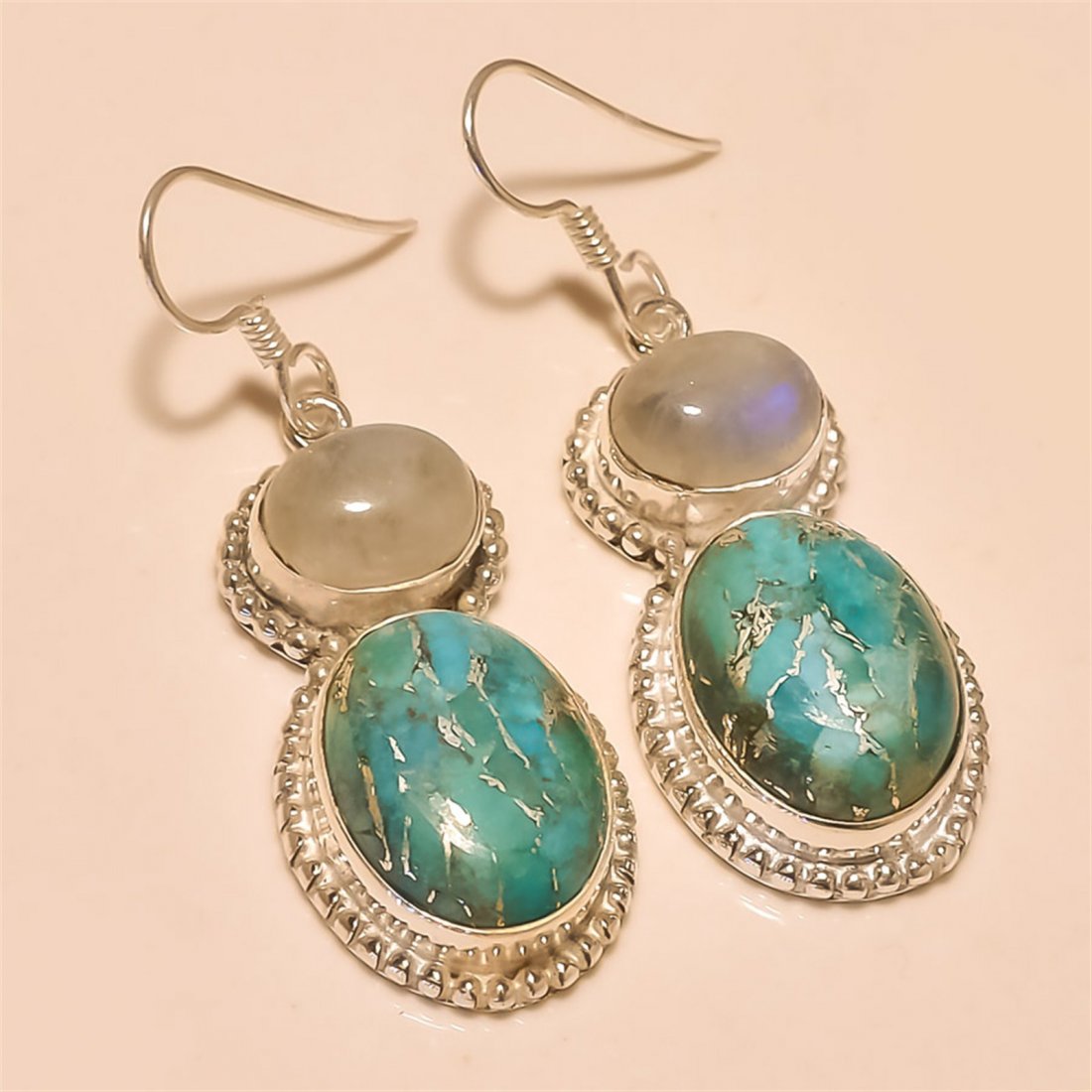 BlueTurquoise/Moonstone Earring Solid Sterling Silver: BlueTurquoise/Moonstone Earring Solid Sterling Silver Length:1.3 inch Weight:13 gram #E-001