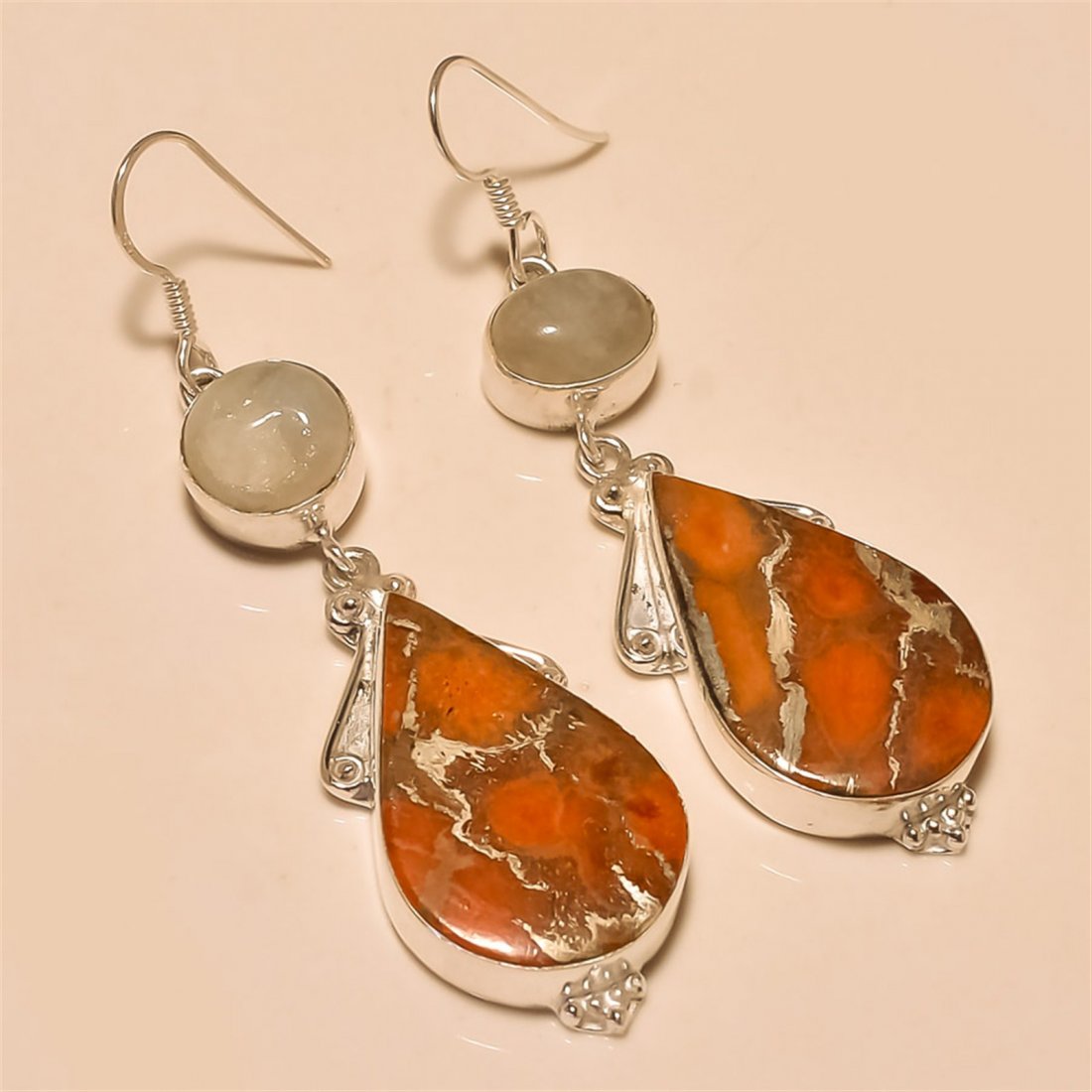 Orange Copper Turquoise/Moonstone Earring Solid: Orange Copper Turquoise/Moonstone Earring Solid Sterling Silver Length:2 inch Weight:14 gram #E-025