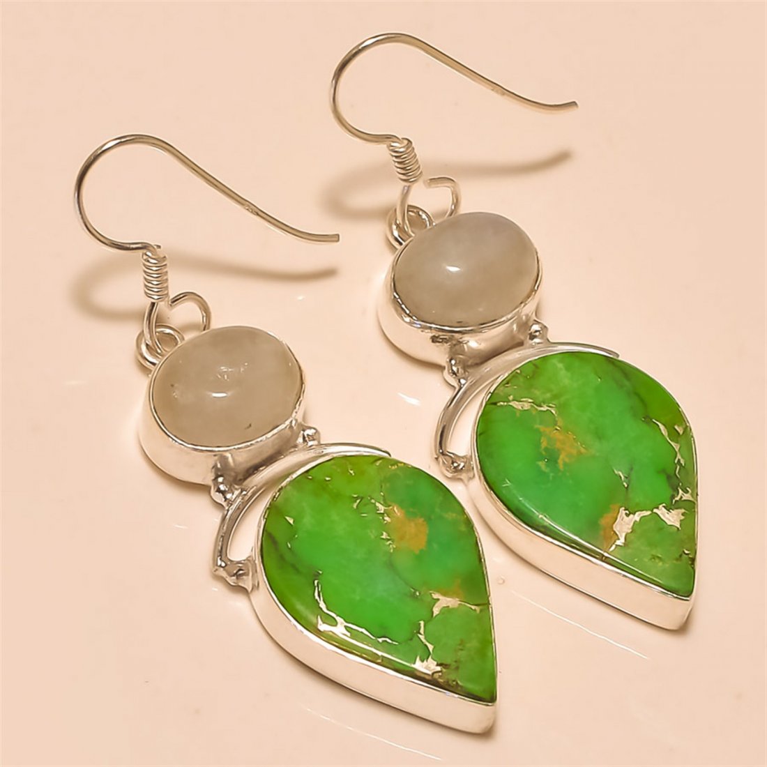 Green Copper Turquoise/Moonstone Earring Solid Sterling: Green Copper Turquoise/Moonstone Earring Solid Sterling Silver Length:1.4 inch Weight:9 gram #E-007