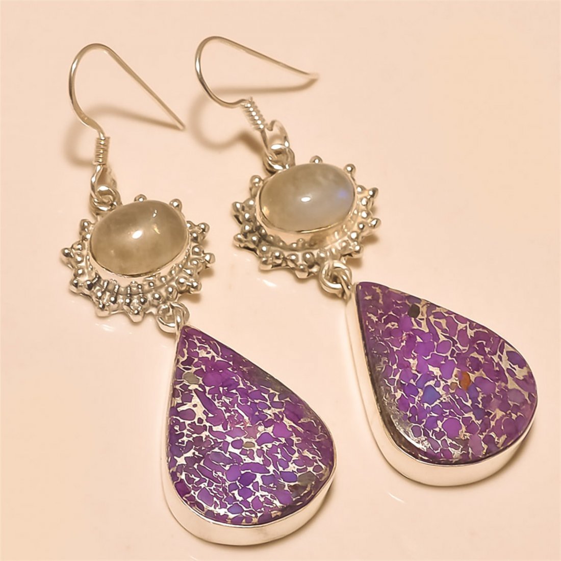 Purple Copper Turquoise/Moonstone Earring Solid: Purple Copper Turquoise/Moonstone Earring Solid Sterling Silver Length:1.9 inch Weight:13 gram #E-008