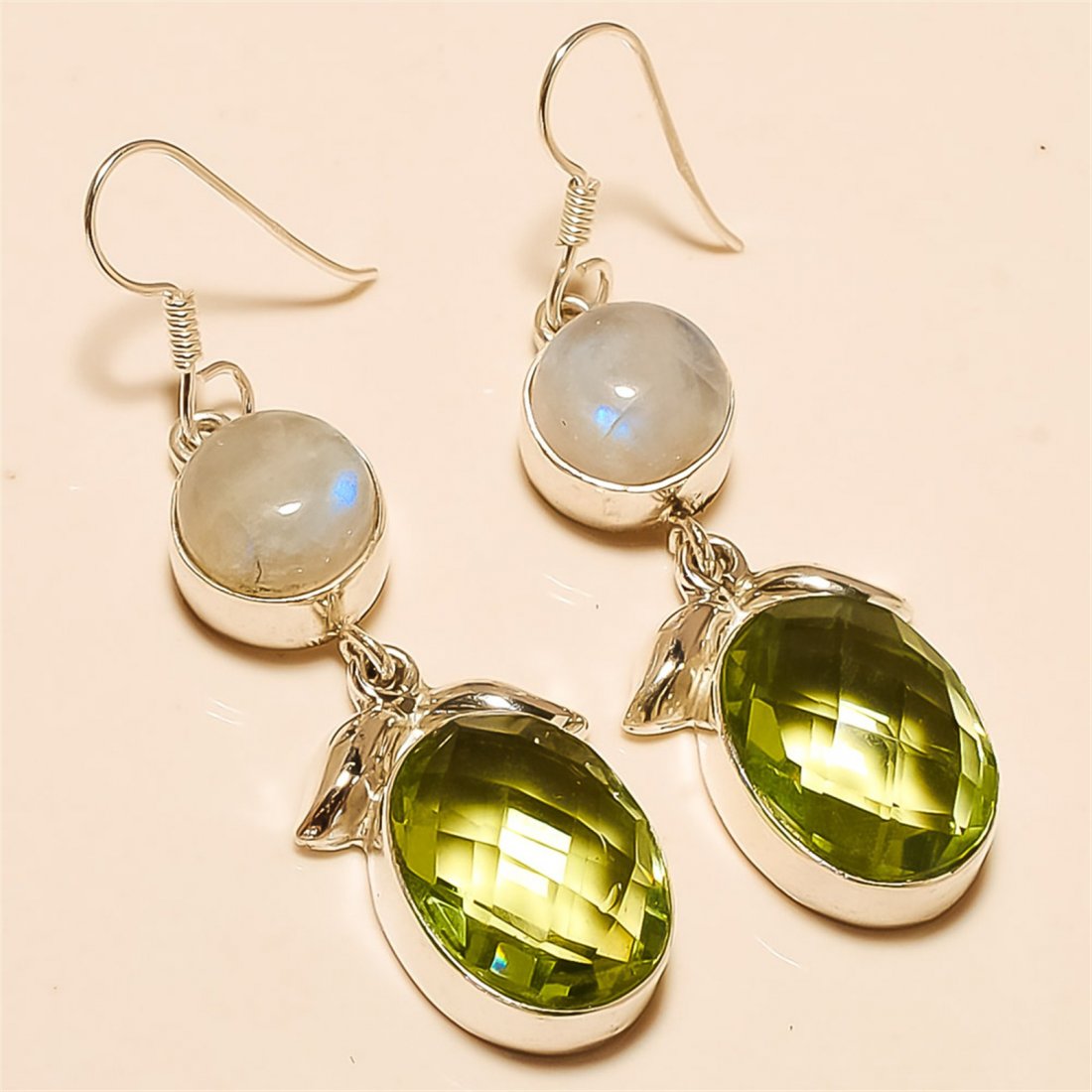 Green Amethyst/Moonstone Earring Solid Sterling Silver: Green Amethyst/Moonstone Earring Solid Sterling Silver Length:2 inch Weight:11 gram #E-109