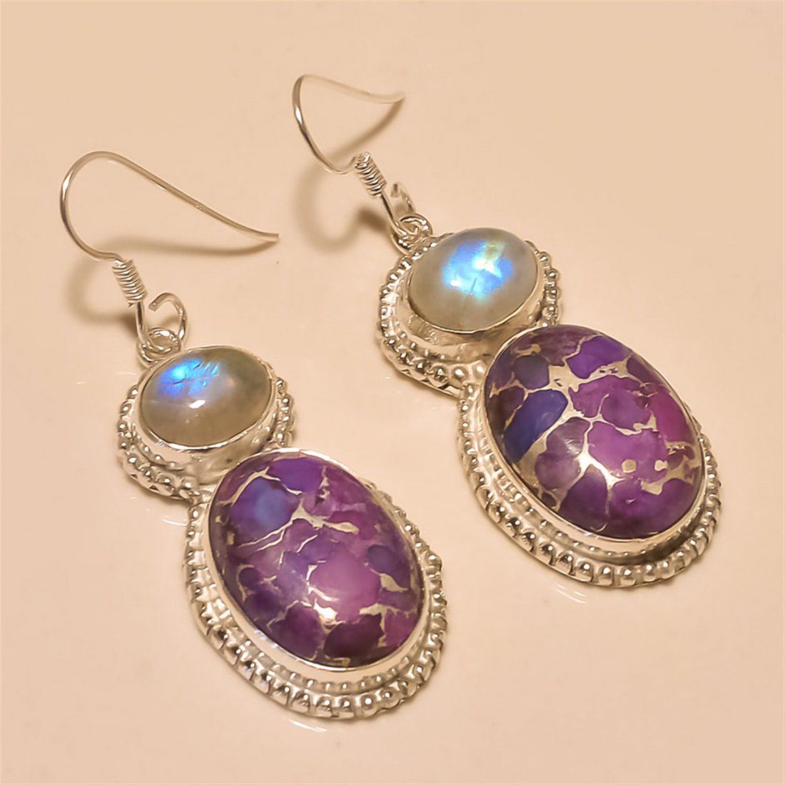 Purple Copper Turquoise/Moonstone Earring Solid: Purple Copper Turquoise/Moonstone Earring Solid Sterling Silver Length:1.6 inch Weight:15 gram #E-019