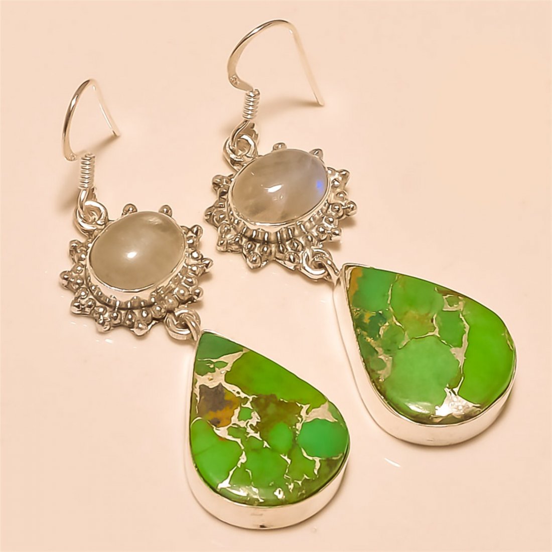 Green Copper Turquoise/Moonstone Earring Solid Sterling: Green Copper Turquoise/Moonstone Earring Solid Sterling Silver Length:1.6 inch Weight:12 gram #E-010