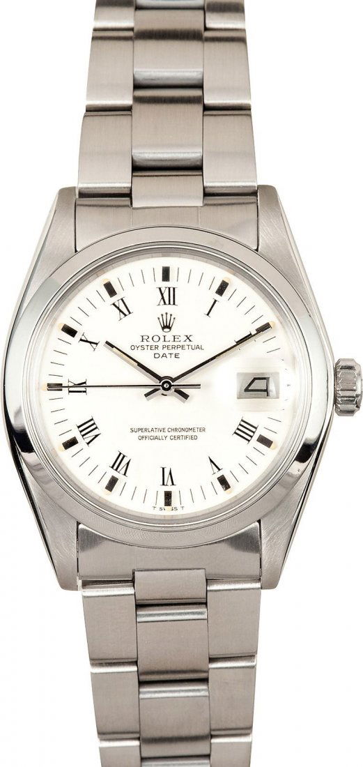 Pre-owned Rolex Date: Model/Style-Date 1500 Serial/Year-Random Features-Automatic movement w/ date, acrylic crystal, waterproof screw-down crown Case-Stainless steel w/ polished bezel (34mm) Bracelet-Stainless steel Oyst