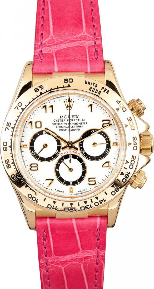 Pre-owned Rolex Daytona: Model/Style-Daytona 16518 Serial/Year-Random Features-Automatic Zenith movement, chronograph, scratch-resistant sapphire crystal,44 jewels, waterproof screw-down crown Case-18k yellow gold w/ tachymet