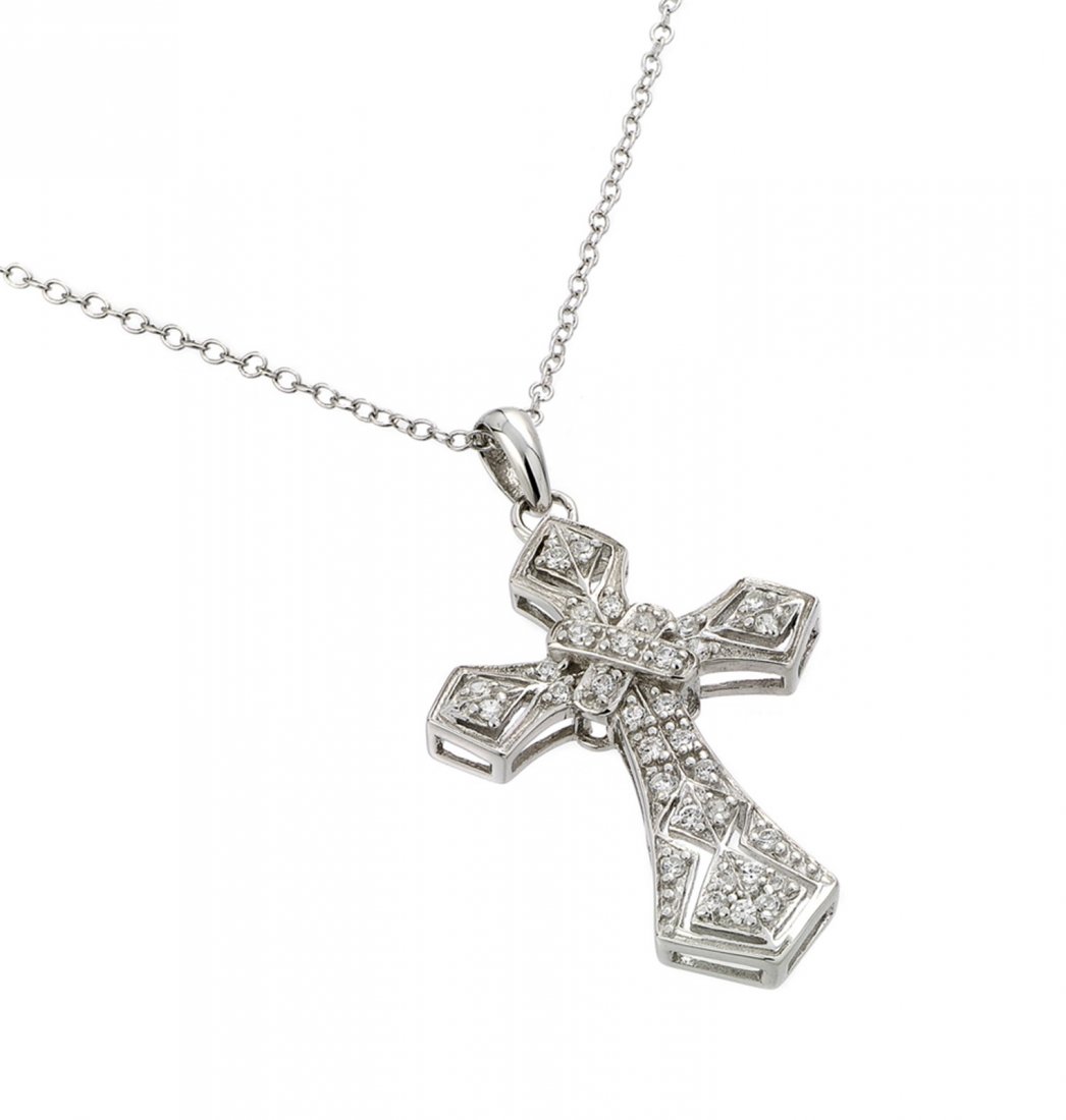Sterling Silver Rhodium Plated Clear CZ Gothic Cross: Sterling Silver Rhodium Plated Clear CZ Gothic Cross Pendant Necklace bgp00838 This is a Sterling silver Filigree style cross with CZ inlay. Length of chain is 16-18 inches, adjustable. Cross dim