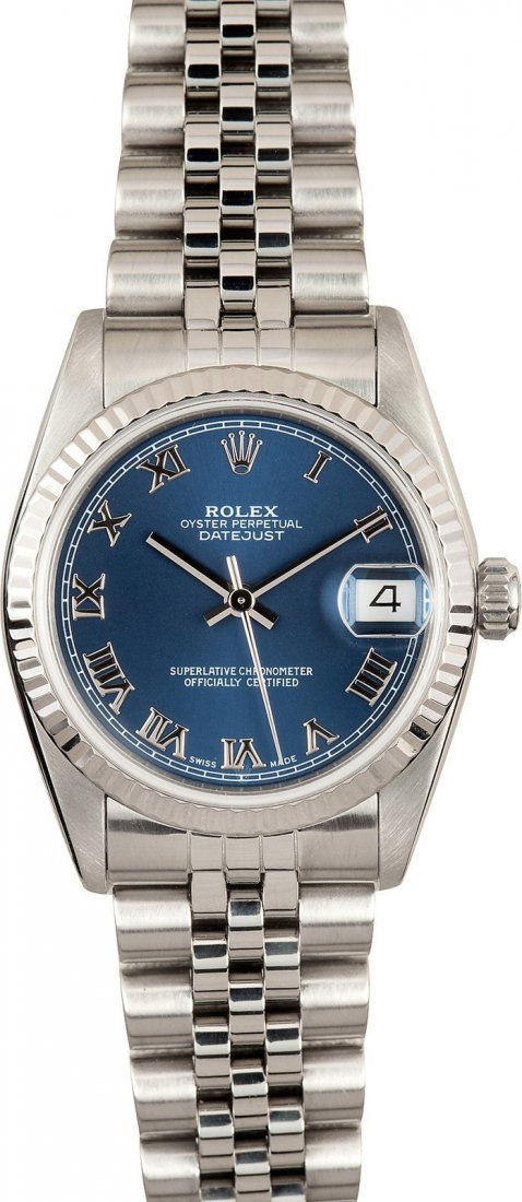 Pre-owned Rolex Date Just: Model/Style-Datejust 68274 Serial/Year-Random Features-Automatic movement w/date, scratch-resistant sapphire crystal, waterproof screw-down crown Case-Stainless steel w/ 18k white gold fluted bezel�