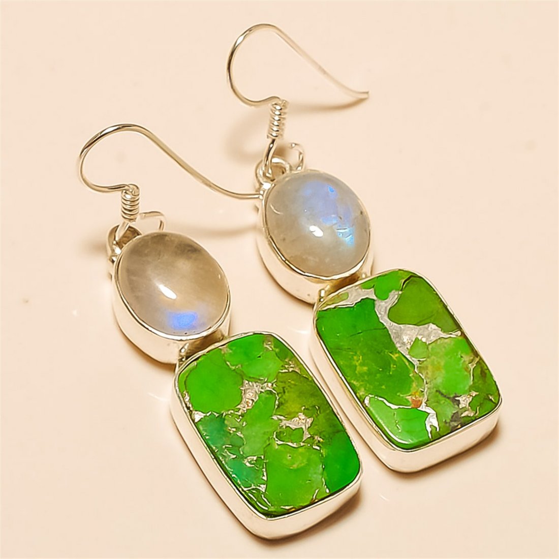 Green Copper Turquoise/Moonstone Earring Solid Sterling: Green Copper Turquoise/Moonstone Earring Solid Sterling Silver Length:1.75 inch Weight:10 gram #E-086