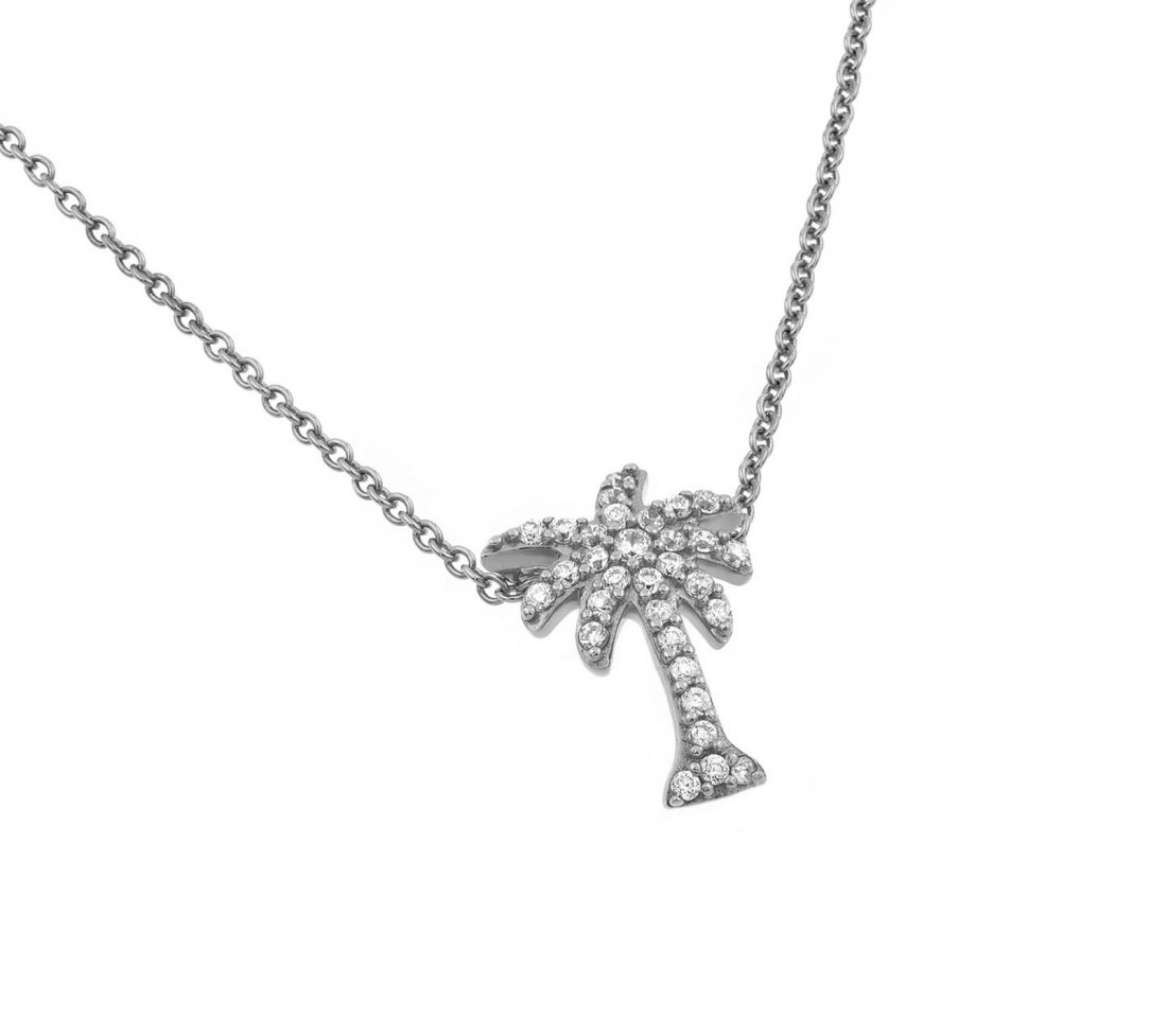 Sterling Silver Rhodium Plated Clear CZ Palm Tree: Sterling Silver Rhodium Plated Clear CZ Palm Tree Pendant Necklace STP01425 Sterling Silver Rhodium Plated Clear CZ Palm Tree Pendant Necklace STP01425