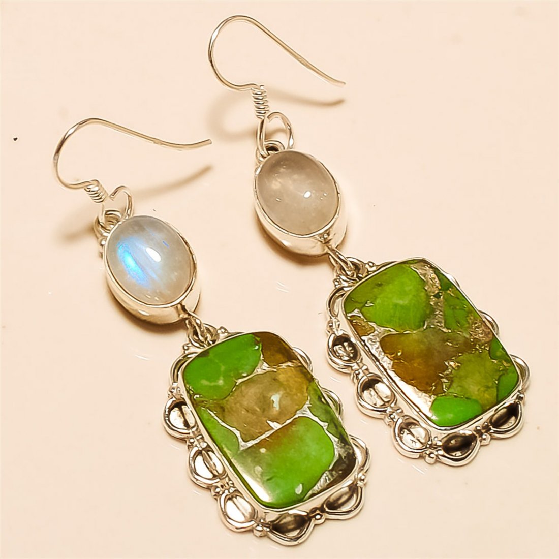Green Copper Turquoise/Moonstone Earring Solid Sterling: Green Copper Turquoise/Moonstone Earring Solid Sterling Silver Length:2 inch Weight:11 gram #E-099